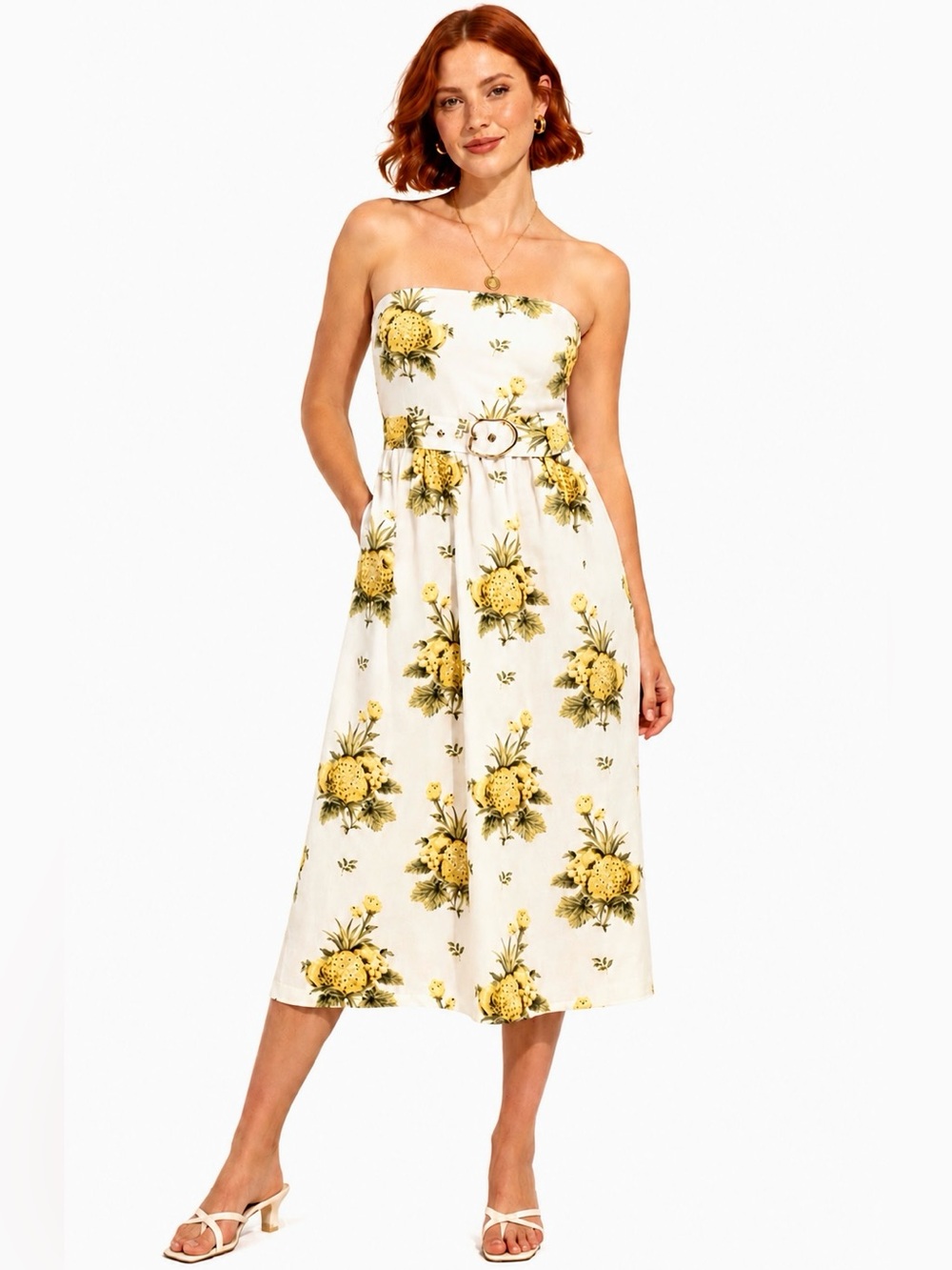Tahari‎ Strapless Pineapple Linen Blend Belted Midi Dress Coastal Resort